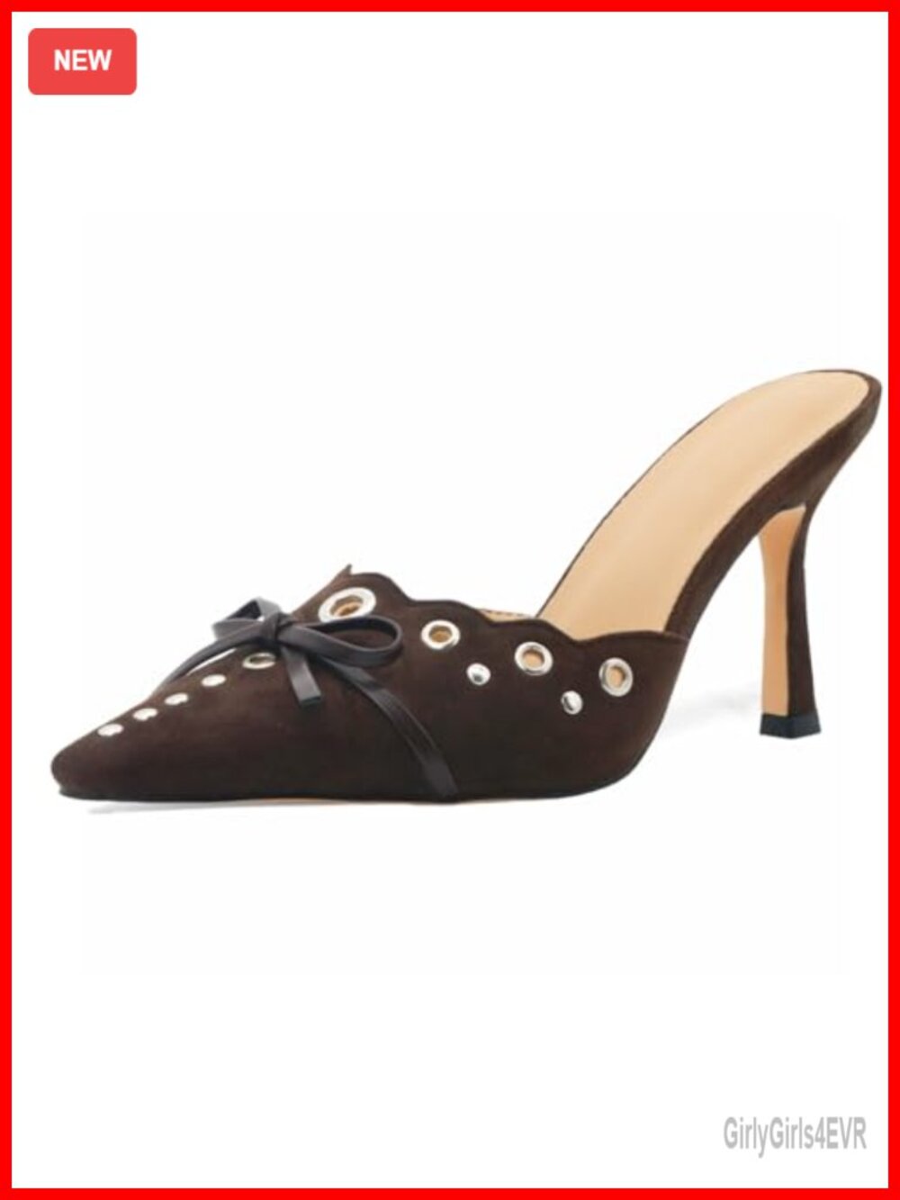 Kitten Heels Pointed Toe Studded Slip On Bow Mules Faux Suede